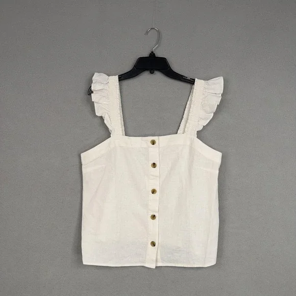 J Crew Shirt Womens Large White Linen Blend Ruffle Strap Button Front Tank - Picture 1 of 13